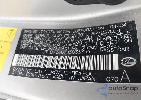 2004 Lexus Es 330 from USA, damaged, VIN JTHBA30G745038756